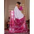Back View of White and Rani Pink Printed Satin Georgette Saree