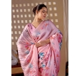 Close Up View of Pastel Pink Floral Printed Satin Georgette Saree