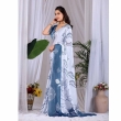 White and Steel Blue Printed Satin Georgette Saree Elegant Side Profile