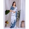 Women Wearing White and Steel Blue Printed Satin Georgette Saree by Tajoo