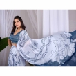 White and Steel Blue Printed Satin Georgette Saree with Flowing Pallu Detail