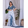 White and Steel Blue Printed Satin Georgette Saree Back Design and Pattern