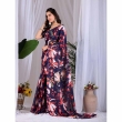 Navy blue floral printed satin georgette saree for festive and casual wear