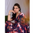 navy blue floral printed satin georgette saree with blouse