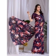 Elegant navy blue floral satin georgette saree with flowing pallu