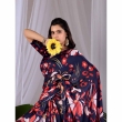 navy blue floral printed satin georgette saree in elegant drape