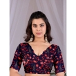 Matching blouse design with navy blue floral printed satin georgette saree