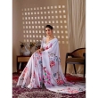 Elegant White Pastel Floral Satin Georgette Saree Styled for Festive Wear