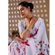 Close Up of White Pastel Floral Print Satin Georgette Saree Fabric