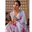 White Pastel Floral Satin Georgette Saree with Matching Blouse Design