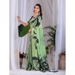 Front View of Pista Green and Black Printed Satin Georgette Saree