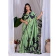 Full Length View of Pista Green and Black Abstract Printed Satin Georgette Saree