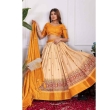 Yellow ready to wear lehenga with unstitched blouse and matching dupatta for festive occasions