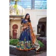 Navy blue tusser silk lehenga choli with floral print and matching dupatta for festive wear