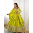 Women's lime green Chinon lehenga choli featuring sequence embroidery work and matching dupatta