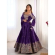 Close-up of embroidery sequence work on purple Chinon lehenga choli