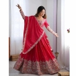 Red Chinon lehenga choli with embroidery sequence work dupatta front view
