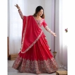 Designer red lehenga choli with matching embroidered dupatta back view