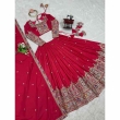 Red Chinon lehenga choli with flared embroidered skirt