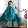Party wear teal green Chinon lehenga with elegant flare and sequence embroidery