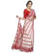 Side view of off white and red handloom cotton saree featuring traditional fish motif and red paad design