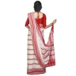 Back view of traditional off white and red Dhaniakhali cotton saree showcasing elegant drape and fish motif design
