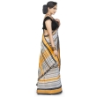 Side profile of off white and yellow handloom cotton saree featuring traditional Dhaniakhali weave and woven pattern