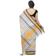 Back drape view of traditional Dhaniakhali handloom cotton saree with off white and yellow woven border details