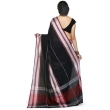Back draped view of traditional black Begampuri handloom cotton saree showcasing pallu and border details