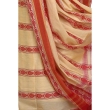 Close-up of handcrafted Dhaniakhali saree fabric showcasing traditional fish motifs, red paad border and cotton weave texture