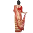 Rear drape view of beige and red Dhaniakhali saree highlighting authentic handwoven cotton craftsmanship and traditional Bengali design