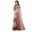 Woman wearing white and red traditional Dhaniakhali saree handcrafted from pure cotton with authentic Bengali handloom weaving