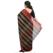 Side view of black handmade cotton Dhaniakhali saree showcasing colorful striped handwoven pattern