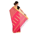 Side view of handmade deep pink cotton Habaspuri saree showcasing woven design and yellow border