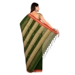 Back view of green red Tangail saree showcasing traditional fish motif pallu