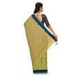 Back view of mehendi green blue Tangail saree showcasing woven pallu and border