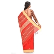 Back drape view of red beige Tangail saree highlighting woven pallu and border