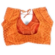 Back view of orange V-neck women's blouse with traditional design