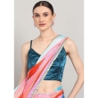 Teal pure silk V-neck blouse paired with saree