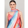 Pink silk blend V-neck blouse paired with saree