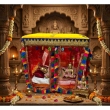 Laddu Gopal bed canopy with cowrie shell trim and colorful design