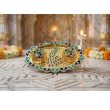 compact gold kumkum plate 5x3.5 inch with peacock motif