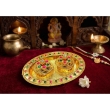 gold pink green oval kankavati kumkum plate with ornamental design for pooja