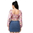 Pink floral chiffon crop top with bell sleeves and sweetheart neckline for women
