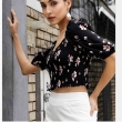 Women's black floral crop top with puff sleeves