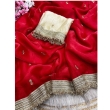Red fancy satin saree with sequin butti and unstitched blouse piece