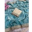 Light blue fancy satin saree with sequin butti and unstitched blouse piece