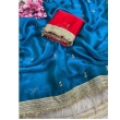Fancy satin saree paired with an unstitched blouse piece