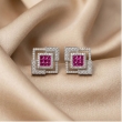 Modern geometric square stud earrings with vibrant ruby pink crystal stones